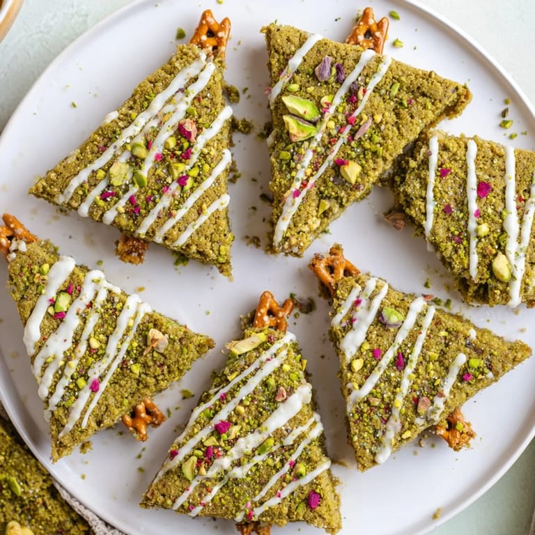 Close-up of baked Matcha Pistachio Christmas Tree Blondie Bars with drizzled white chocolate and colorful sprinkles.