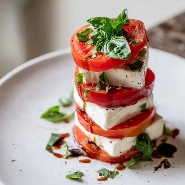 Beautiful, layered Tuscan Pillar: Delicious Italian appetizer with balsamic glaze drizzle.
