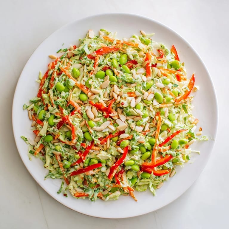 Close-up of a refreshing Crunchy Cabbage and Edamame Salad, topped with crunchy sunflower seeds and almonds.