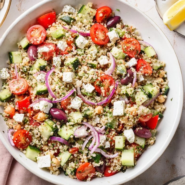 A close-up of a refreshing Mediterranean Chickpea and Feta Bowl, perfect for a quick, nutritious lunch.