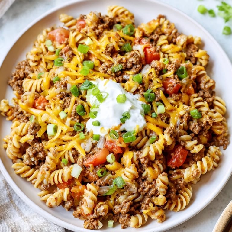 A steaming bowl of One-Pot Taco Pasta, with melted cheese and beef, a comforting family meal.