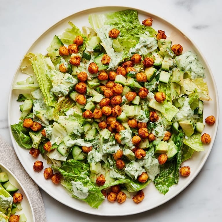 Creamy Green Goddess Salad tossed with crisp vegetables, topped with crunchy air-fried chickpeas.