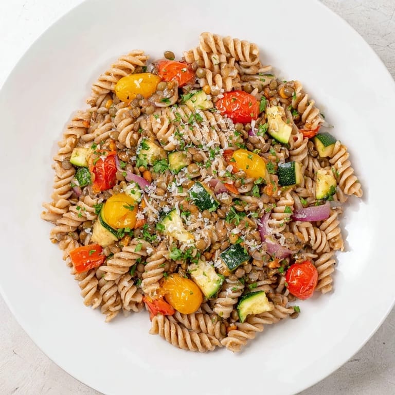 Warm bowl of Lentil Pasta with Vegetables: a delicious, healthy meal topped with fresh herbs and Parmesan.