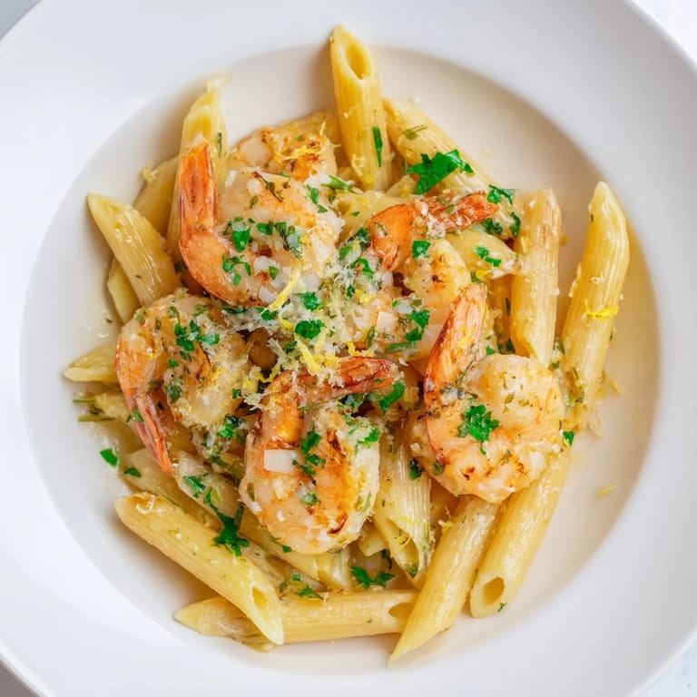 Close-up of Garlic Shrimp Penne, vibrant and delicious, with a hint of lemon zest.