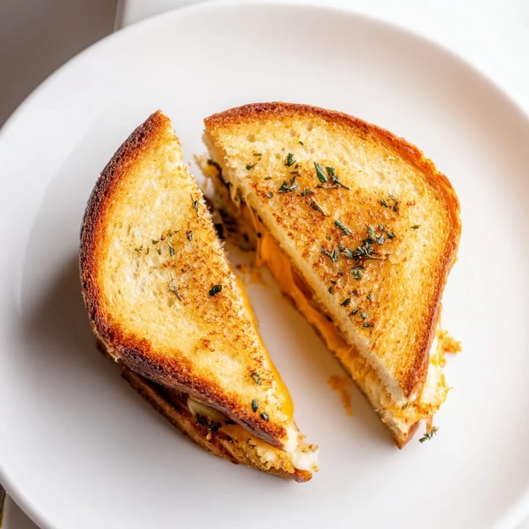 Close-up of a perfectly grilled Garlic Butter Mayo Grilled Cheese, ready melty and delicious.
