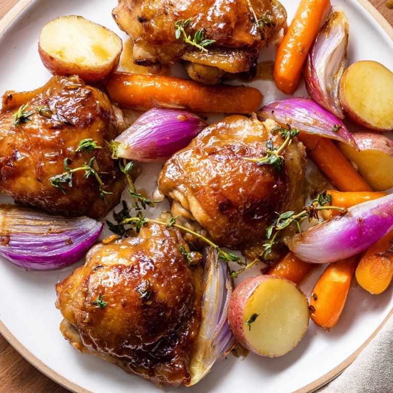 Sheet pan featuring glistening Maple Dijon Chicken Thighs with carrots, potatoes, and red onion.