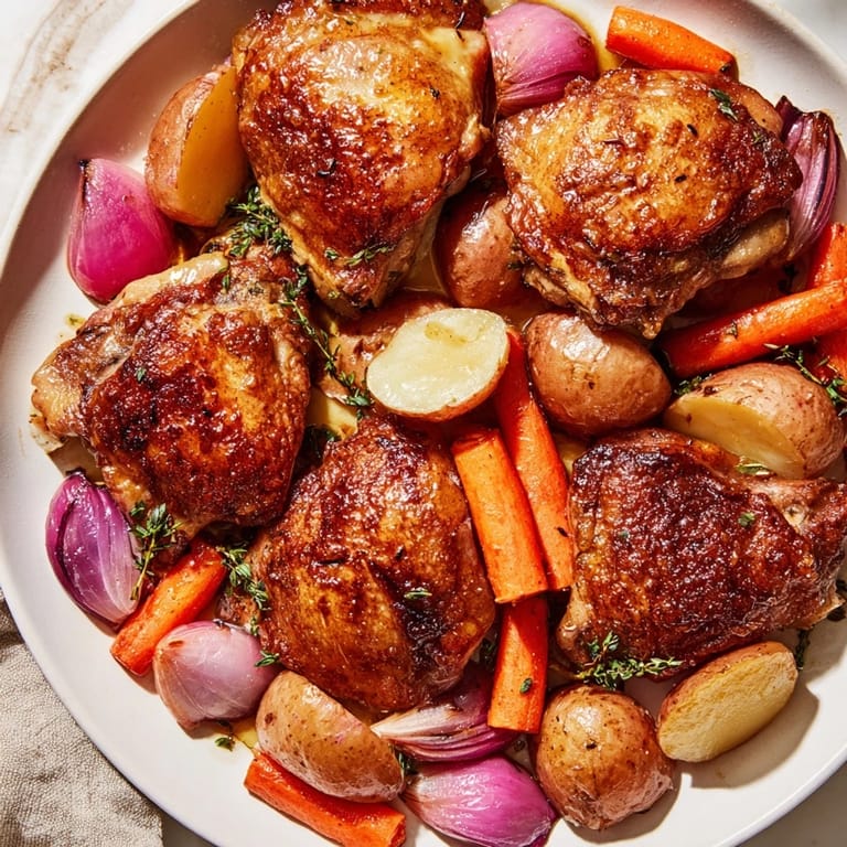 Succulent Maple Dijon Chicken Thighs, perfectly roasted, resting on a bed of colorful vegetables.