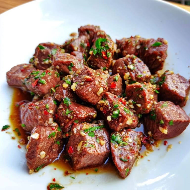 Close-up of tender garlic butter steak bites with visible herbs, ideal as a flavorful main course.