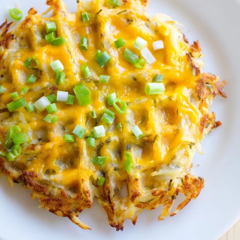 Savory and cheesy, these homemade hash brown waffles are loaded with cheddar and fragrant green onions.