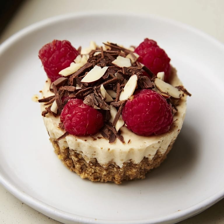 Cool, set protein cheesecake cups, ready to eat, topped with fresh berries and nuts.
