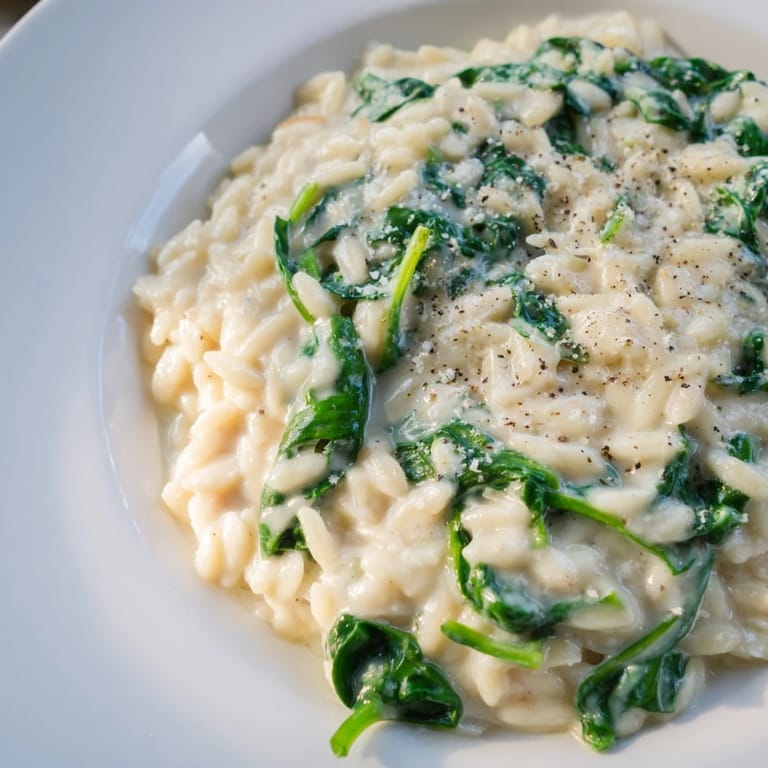 This creamy spinach orzo features a luscious, velvety sauce, perfect for a quick, comforting dinner.