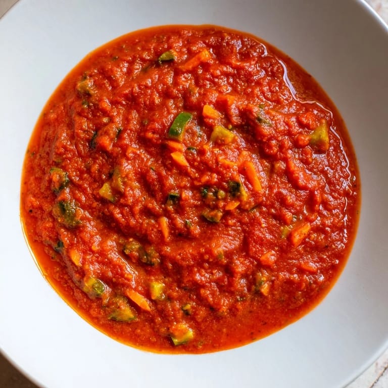 This Veggie-Loaded Tomato Pasta Sauce features a smooth, deep red color, with visible herbs.