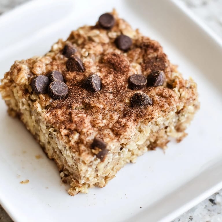 A close-up of baked oats that taste like cake, showing the soft texture and optional chocolate chips.