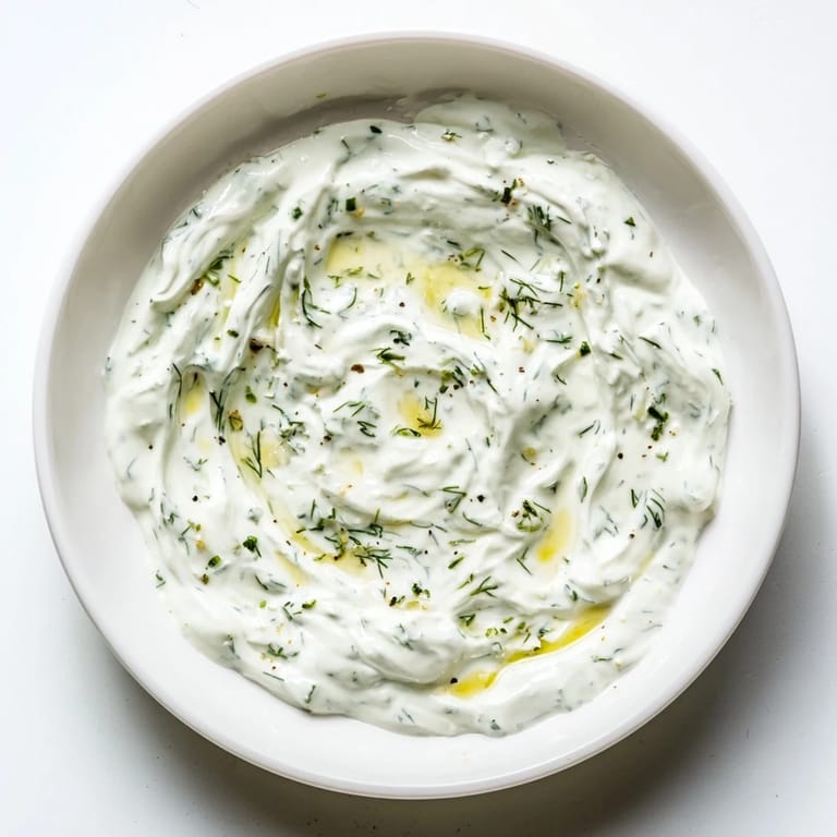A vibrant bowl of creamy Greek Yogurt Herb Dip, perfect with pita chips, drizzled with olive oil.