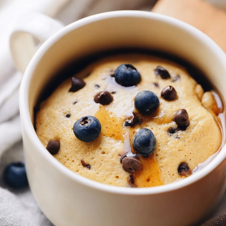 Steaming mug of microwave mug pancakes, topped with maple syrup, ready to eat in minutes.