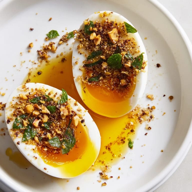 Savory Dukkah-Spiced Eggs, ready to eat, with a sprinkle of dukkah mix and flavorful herbs atop.