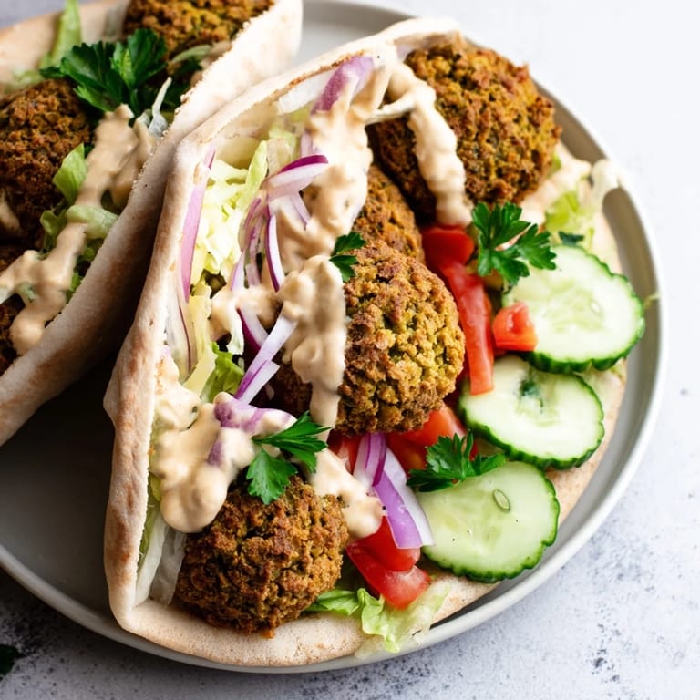 A close-up of a delicious falafel pita pocket, stacked high with flavorful falafel and toppings.