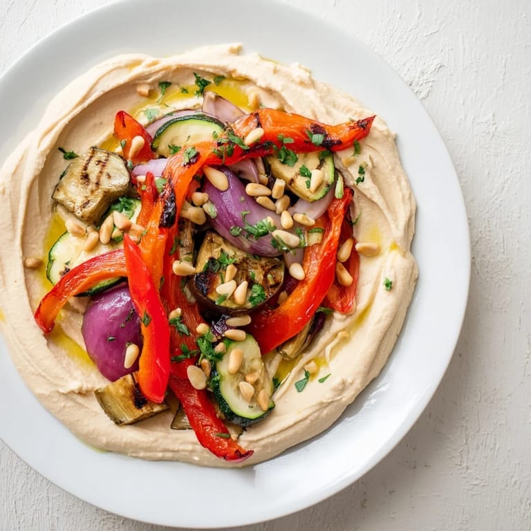 Golden-brown, roasted vegetables arranged atop creamy hummus; a vibrant hummus roasted veggies recipe.