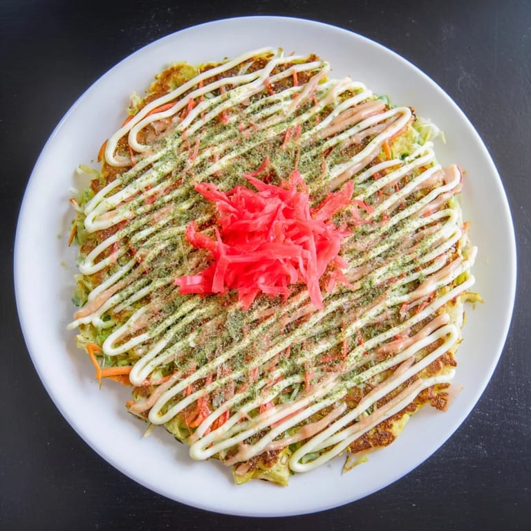 Enjoy a delicious plate of golden-brown Japanese Okonomiyaki, savory pancake perfection everyone will love.