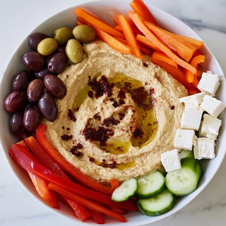 This vibrant Mezze Platter features colorful veggies, flavorful hummus, and warm pita bread for dipping enjoyment.