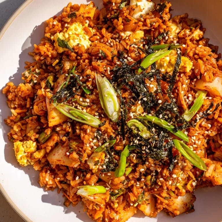 Close-up of golden-brown Spicy Kimchi Fried Rice, a flavorful Korean comfort food in a bowl.