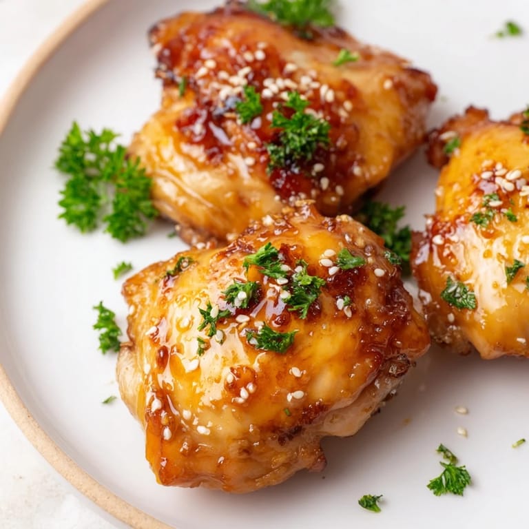 Savory honey garlic glazed chicken, a flavorful main dish with glistening, sticky, sauce coating it.