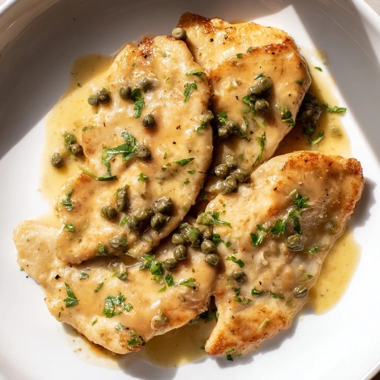 Delicious, tender chicken piccata swimming in a creamy, tangy lemon and caper sauce, ready to serve!