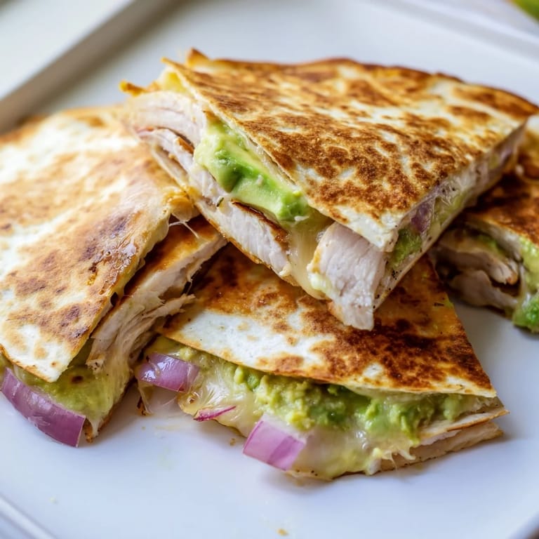 Close-up of crispy tortilla and melted cheese in a Chicken Avocado Quesadilla on a rustic wooden table.