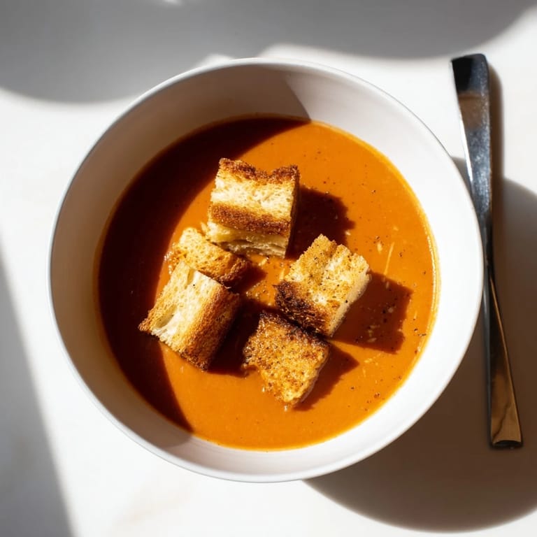 Freshly blended roasted tomato soup with crunchy grilled cheese croutons served beside warm, crusty bread.