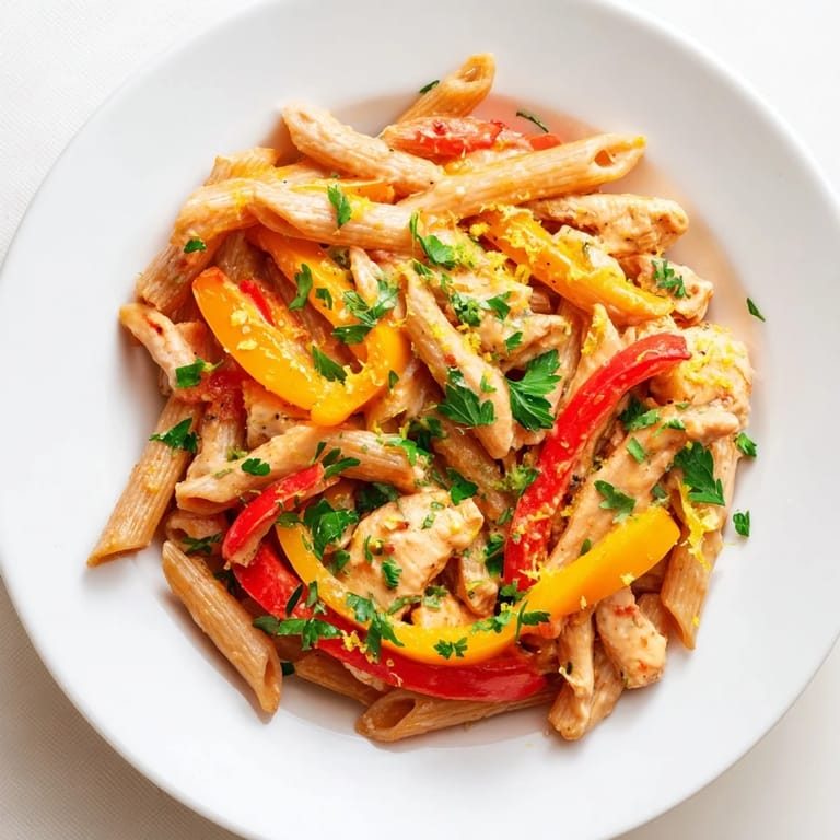 Served in a white bowl, this Creamy Cajun Chicken Pasta Lite is garnished with fresh parsley, showcasing colorful peppers and a light, cheesy sauce.