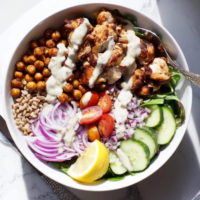 A wholesome Lemon Tahini Chicken Power Bowl with tender roasted chicken, fluffy farro, fresh cucumbers, tomatoes, and a creamy lemon-tahini drizzle.