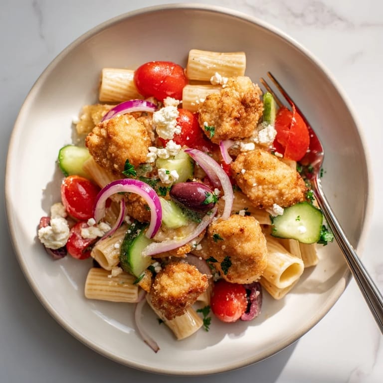 Crispy Chicken Greek Pasta combines flavorful, herb-crusted chicken with a vibrant, zesty vegetable topping for serving.