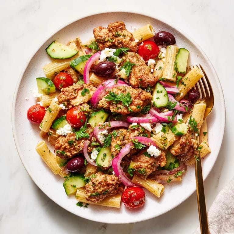 A hearty serving of Crispy Chicken Greek Pasta, featuring golden chicken, pasta, and colorful veggies tossed in a vinaigrette.