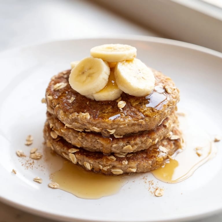 A close-up of fluffy Banana Oat Pancakes cooking on a griddle, showing bubbling batter and golden edges for a perfect flip.
