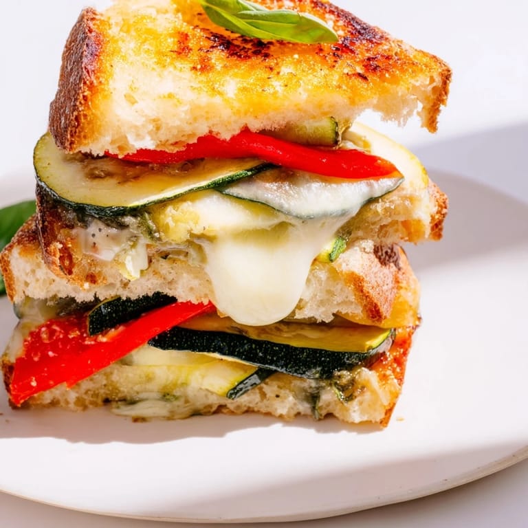 A close-up view shows melted mozzarella oozing from the toasted sandwich, featuring colorful roasted vegetables and a drizzle of balsamic glaze.