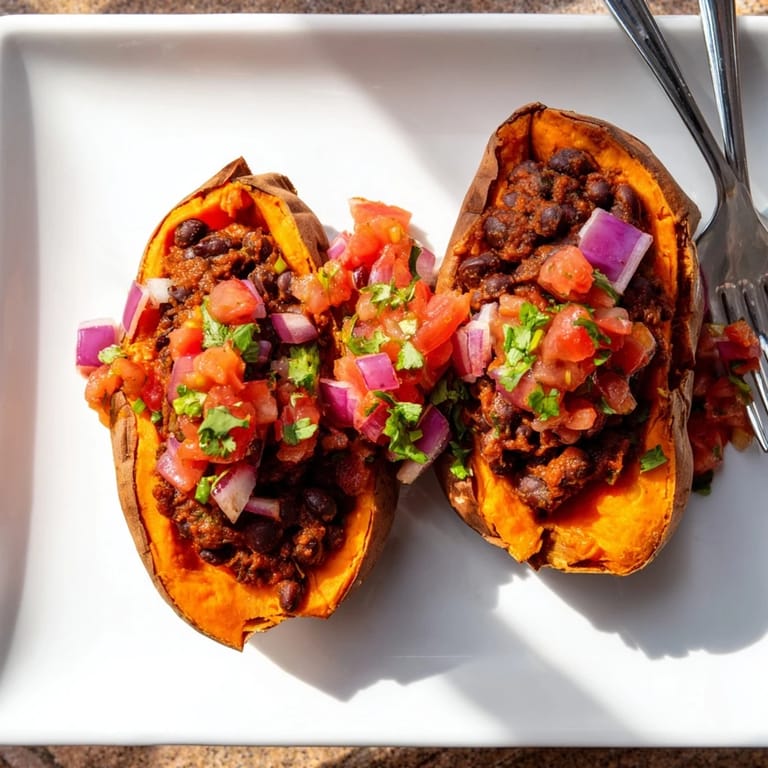 Overhead view of roasted sweet potatoes with chipotle black beans and zesty tomato salsa for a vegetarian meal.