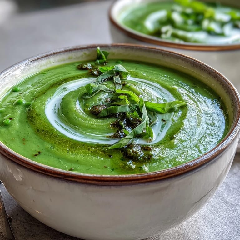 Enjoy this easy courgette, pea and pesto soup, perfect for spring lunches.