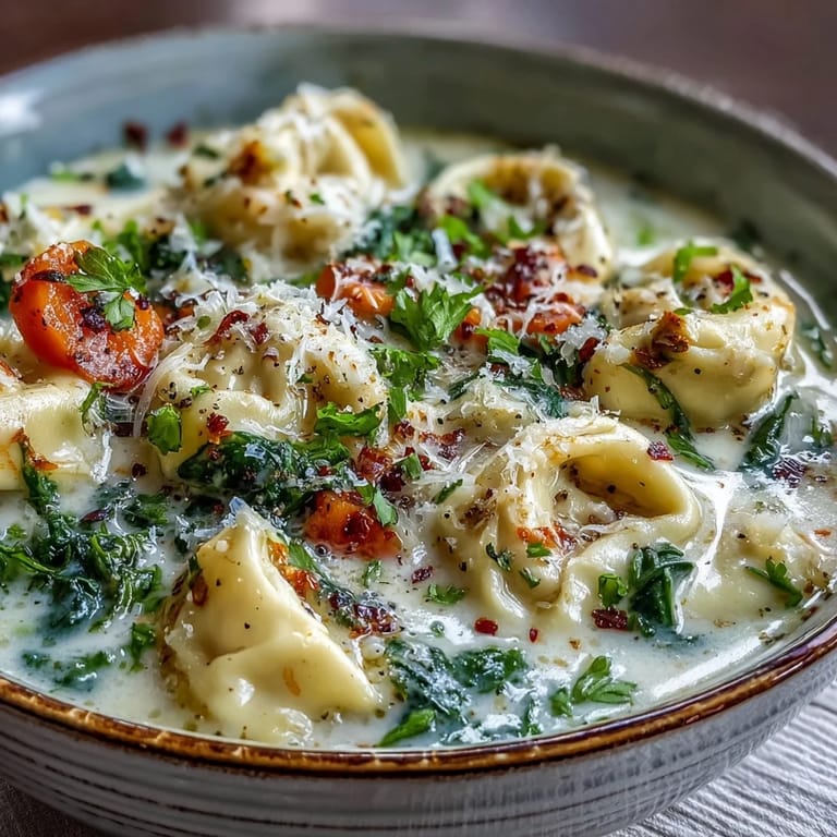 Serving Easy Tortellini Soup With Chicken Broth alongside crusty bread, offering a comforting and creamy weeknight dinner option.