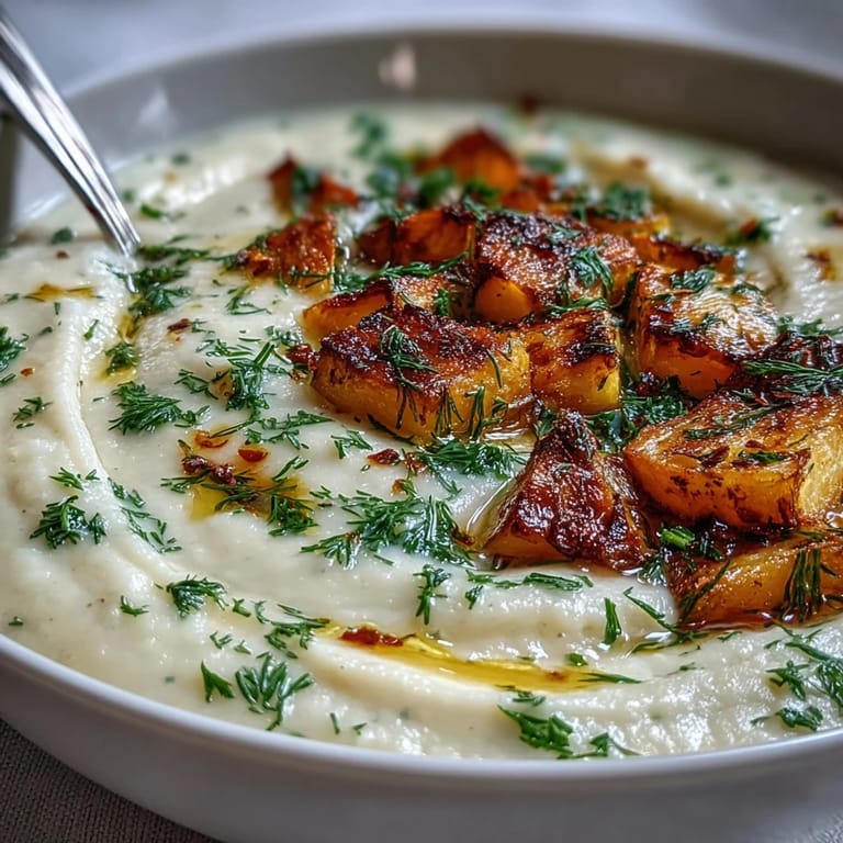 This vegetarian Parsnip and Herb Soup recipe is blended smooth, topped with fresh herbs and a cream drizzle.