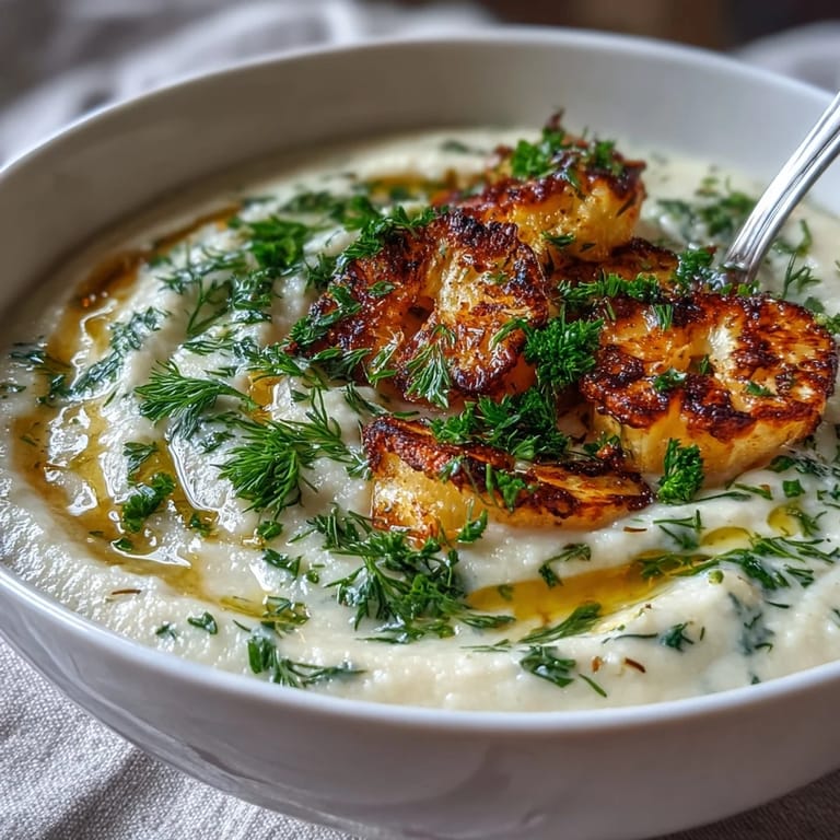 A warm bowl of Parsnip and Herb Soup garnished with chives and dill, perfect with crusty bread.
