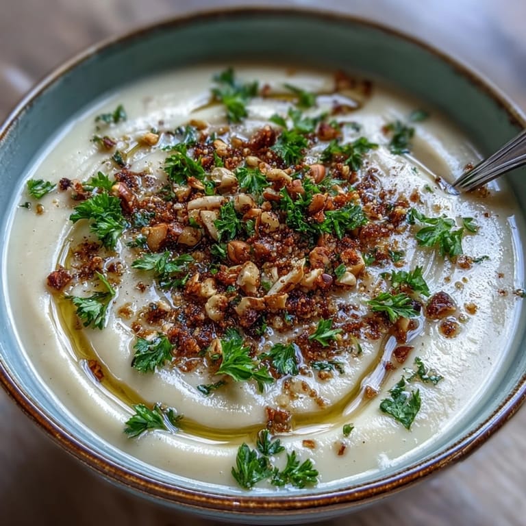 A bowl of creamy Celeriac Soup With Hazelnut Crumble topped with toasted nuts and fresh parsley garnish.