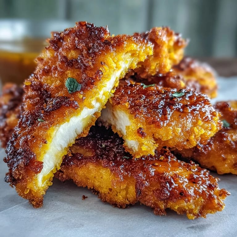 Crispy Turmeric Chicken Tenders served with creamy dip and fresh lemon wedges.