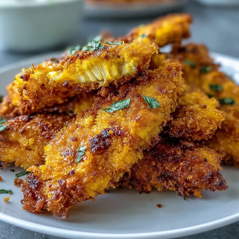 Family-style platter of golden Crispy Turmeric Chicken Tenders with fries and salad.