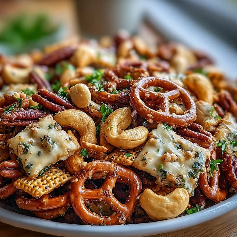 A generous serving of Everything Ranch Cheese and Pretzel Snack Mix ready for a party, garnished with fresh herbs.