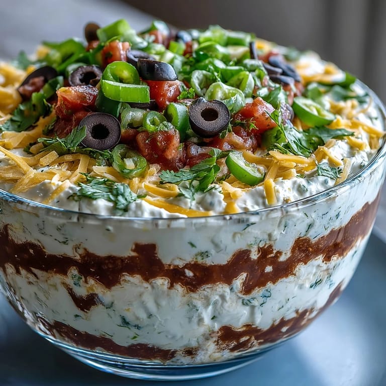 The 4-Way Layered Dip showcases colorful ingredients like black olives, bell pepper, and green onions.