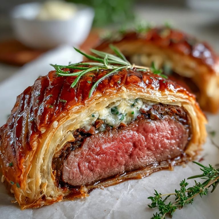 Fresh thyme and prosciutto-wrapped beef fillet baked in buttery puff pastry, ready to serve six guests for a special occasion meal.