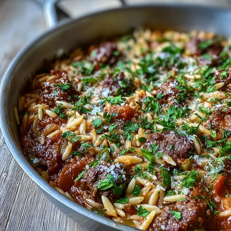 This hearty ground beef orzo dinner features tender pasta, sweet bell peppers, and a rich tomato broth, perfect for weeknight meals.