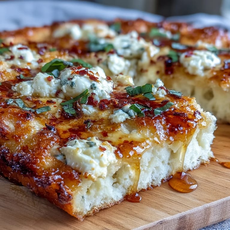 Fresh basil topped Hot Honey Ricotta Pizza on a rustic wooden serving board.