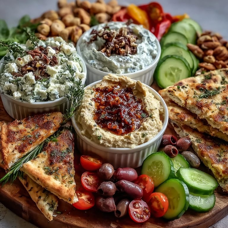 Fresh Mediterranean Brunch Board with crisp veggies, briny olives, and creamy feta cheese scattered around tangy dips.