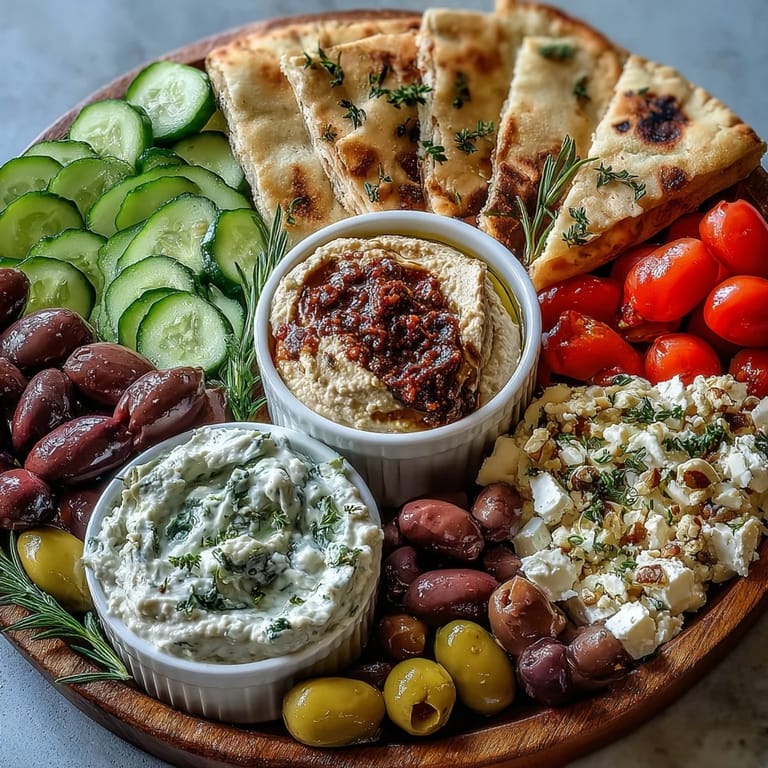 Vibrant Mediterranean Brunch Board featuring smooth hummus, smoky baba ganoush, and rich tzatziki beside toasted flatbread wedges.